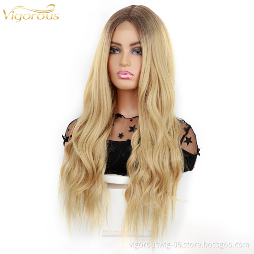 Middle Part Ombre Blonde Long Wavy Natural Hairline Dark Roots Blonde Wigs Curly Women Girls Heat Resistant Fiber Synthetic Wig